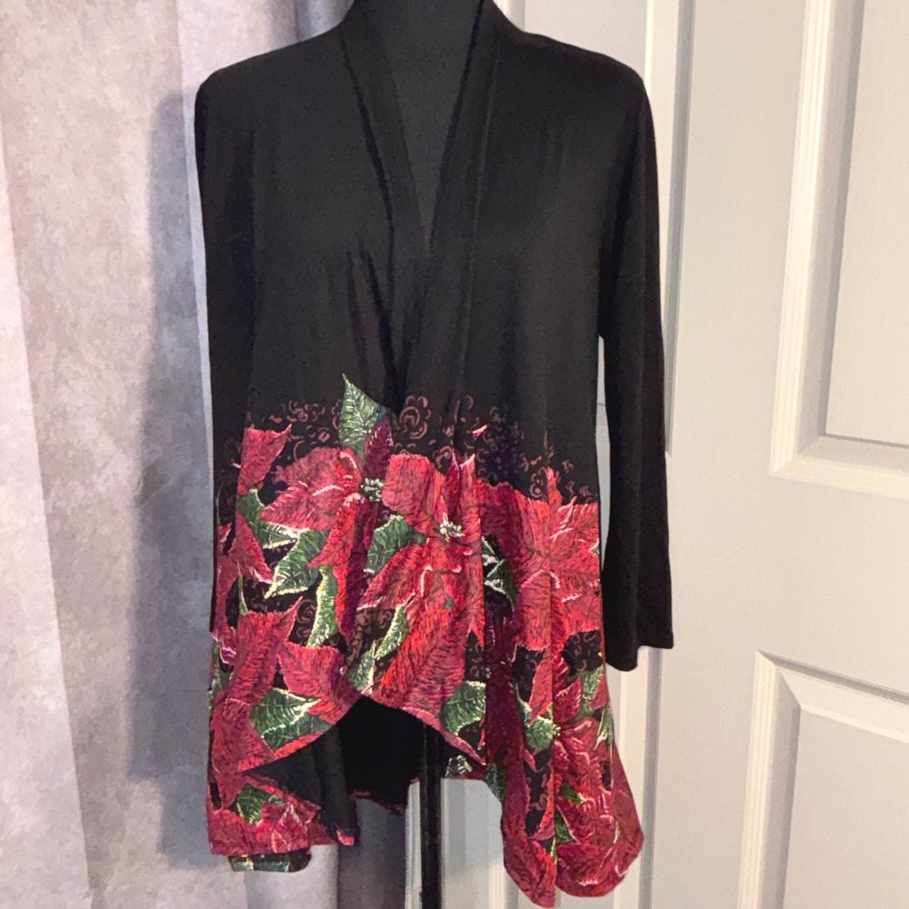 A Walk In The Park Poinsettia Cardigan Women Small Black Holiday Aesthetic